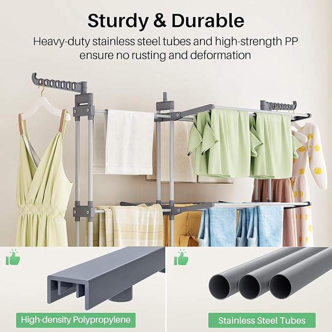 Kitstorack Clothes Drying Rack - Foldable Movable Clothes Rack Drying 30.0" W to 59.0" W Extensible Drying Rack Clothing Oversized 4-Tier Stainless Steel Large Clothes Rack Drying Indoor and Outdoor