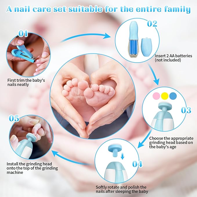 JIFTOK Baby Healthcare and Grooming Kit, 30 in 1 Baby Electric Nail Trimmer Set, Newborn Nursery Care Kit, Baby Essentials Set with Hair Brush Comb, Nail Clippers for Infant Toddlers Boys Girls (Blue)