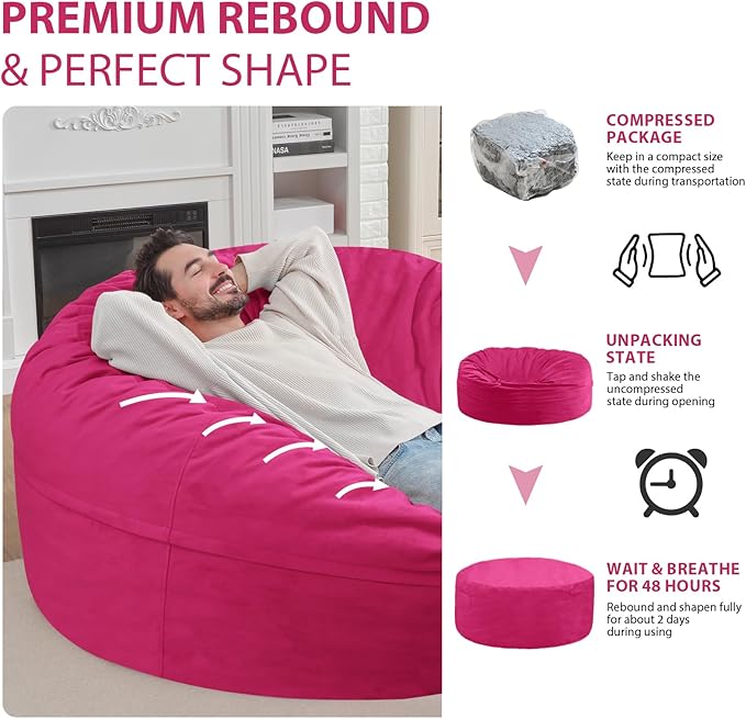 6FT Bean Bag Chair, Large Bean Bag Chairs with Memory Foam Filled, Fluffy Beanbag Sofa with Dutch Velvet Cover, Round BeanBag Chairs for Living Room, Playroom - Pink