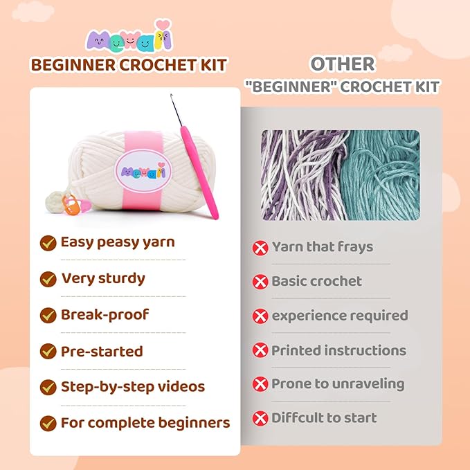 Mewaii Crochet Kit for Beginners Level 1 with 40% Extra Eco-Friendly Pre-Started Easy Yarn, Step-by-Step Video Tutorials for Adults and Kids (2 Pack Lambs)