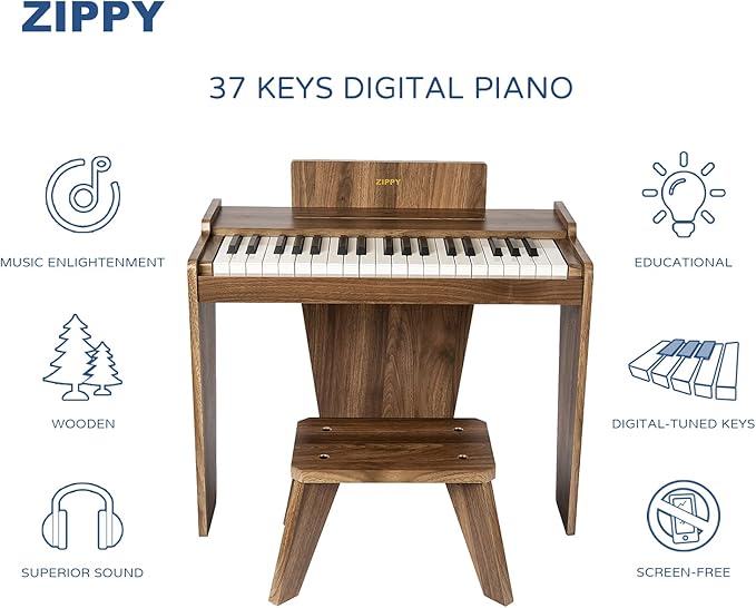 ZIPPY Kids Piano Keyboard, 37 Keys Digital Piano for Kids, Music Educational Instrument Toy, Wood Piano for 3+ Girls and Boys (Walnut Basic)