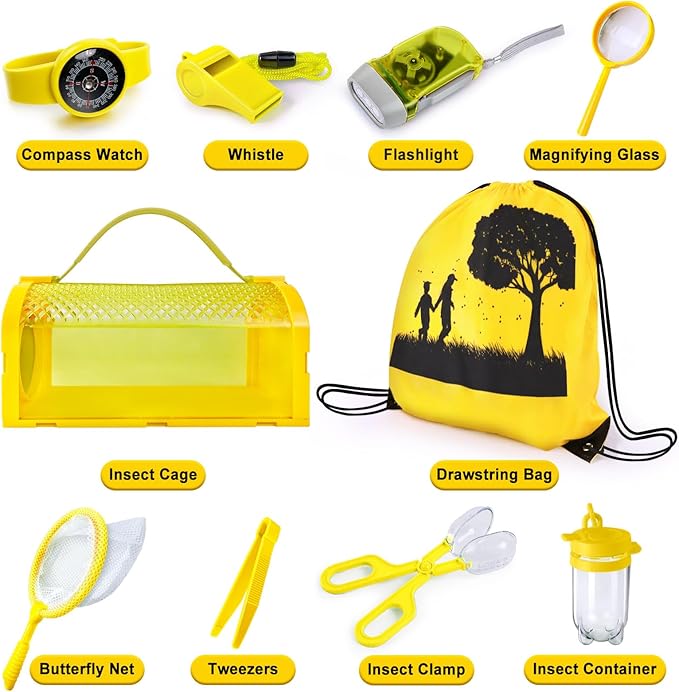 Bug Catcher Kit & Outdoor Explorer Kit for Kids, 10 Pcs Bug Catching Kit with Toy Cage, Backpack, Flashlight, Manifying Glass, Toy Net, Outdoor Exploration Toys Gift for Boys Girls 3-12