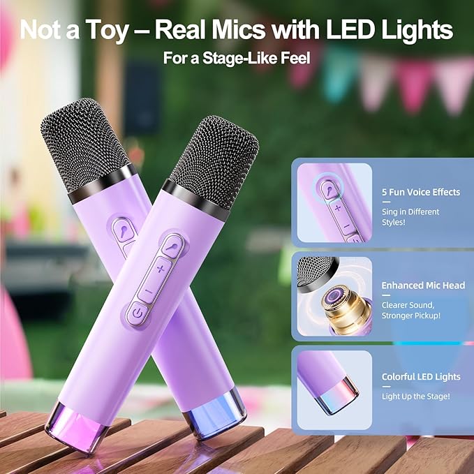 Kinglucky Karaoke Machine for Kids Girls Ages 3-12 with 2 Light-Up Microphones, Bigger Size Yet Portable Bluetooth Speaker with Voice Effects for Birthday, Family Fun & Party (Purple)