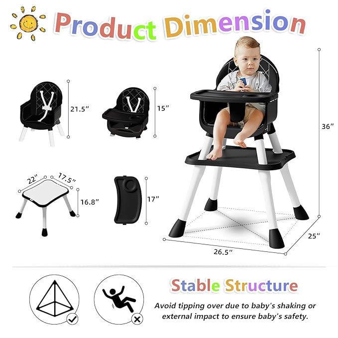 6 in 1 Baby High Chair for Babies and Toddlers, Booster Seat, Kids Learning Table & Chair (Black)