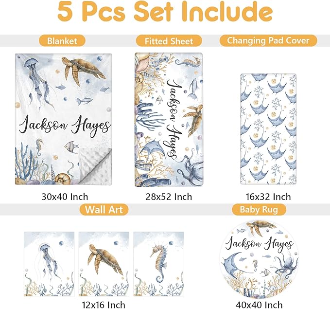Custom Crib Bedding Set - 5 Pcs Customized Baby Crib Set with Name - Soft Double Layer Marine Animals Nursery Baby Bedding Set for Girls Boys - Personalized for Infant Toddler
