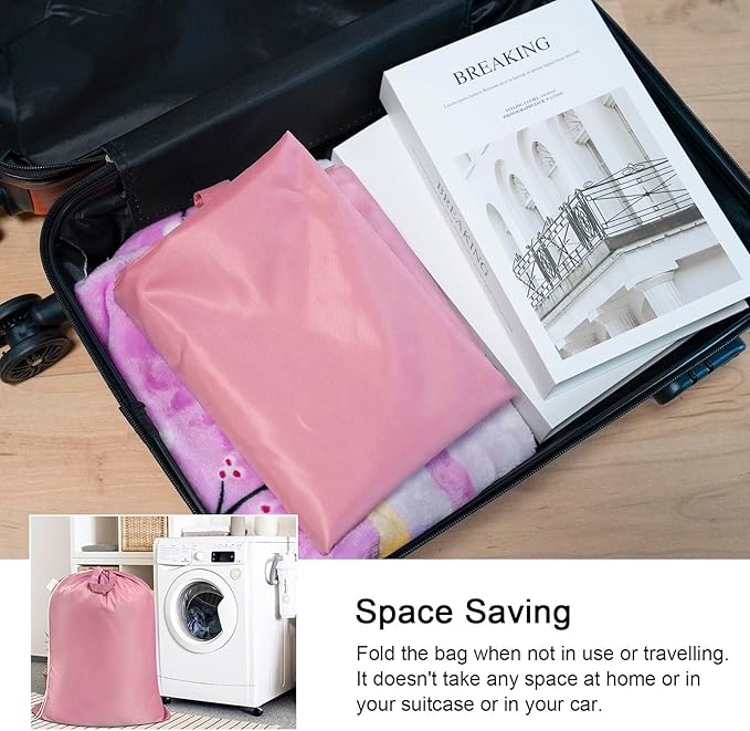 Polecasa Heavy Duty Large Laundry Bag with 130gsm Tear Resistant Fabric and Handles, Easy to Carry Durable Dirty Clothes Drawstring Bag, Perfect for College Dorm, Travel, 2 Pack 28”x36”, Pink
