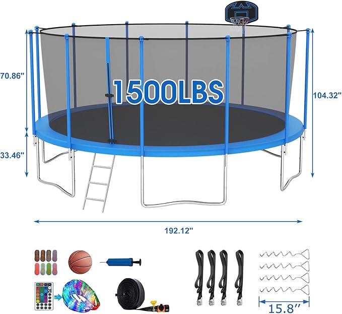SKYUP Tranpoline 1500LBS 16 15 14 12 10 8 FT Tranpoline for 7-10 Kids and Adults, Windproof Outdoor Tranpoline with Enclosure Net, Basketball Hoop, Easy to Install & Last Long - ASTM Approved