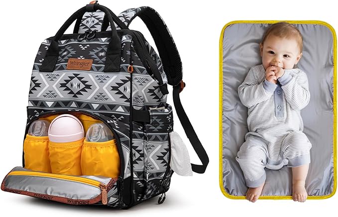 Wrangler Aztec Backpack Multifunction Baby Travel Bag with Changing Pad, Stroller Straps and Pacifier Case WG2204-91103BK