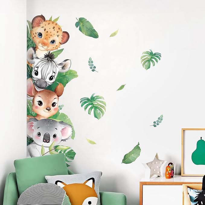 Tanlaby Jungle Animals Wall Stickers Woodland Animal Wall Decals Leopard Deer Zebra Safari Peel and Stick Art Decor for Baby Nursery Kids Bedroom Playroom Daycare Kindergarten