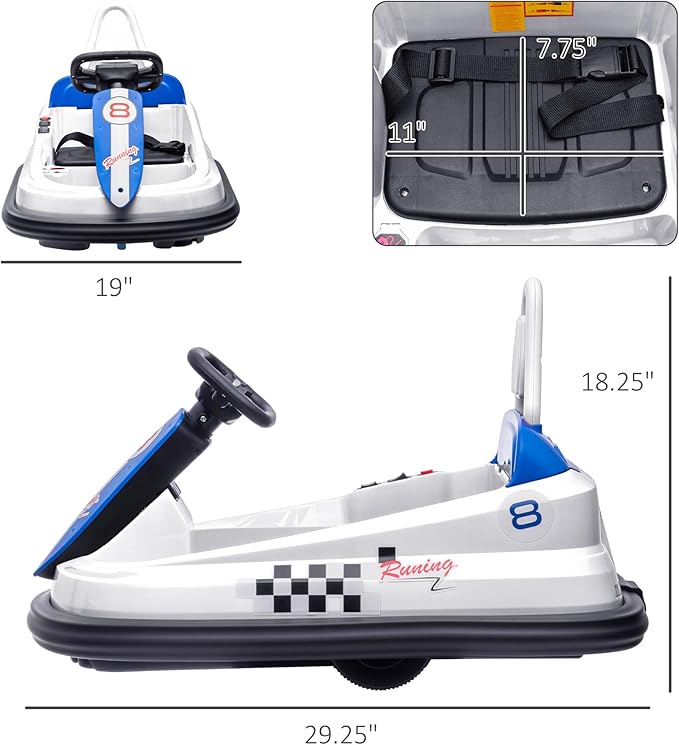 Aosom Toddler Bumper Car, 360° Rotation 6V Kids Electric Ride on Bumper Car with EVA Bumper Edges, Twins Motor, Songs, Horn, LED Lights, Safety Belt for 18-48 Months, White