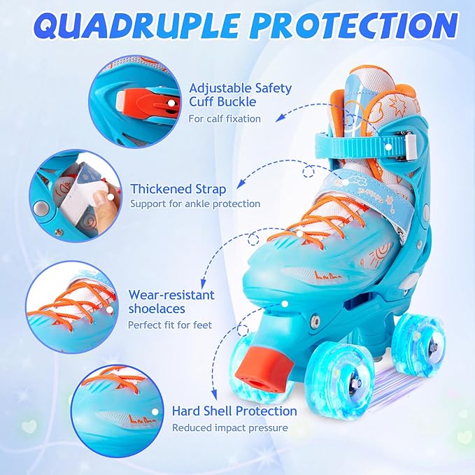 Rainbow Toddler Roller Skates - Size 4 Adjustable | Light Up Quad Skates for Girls & Boys Beginners Aged 3-12