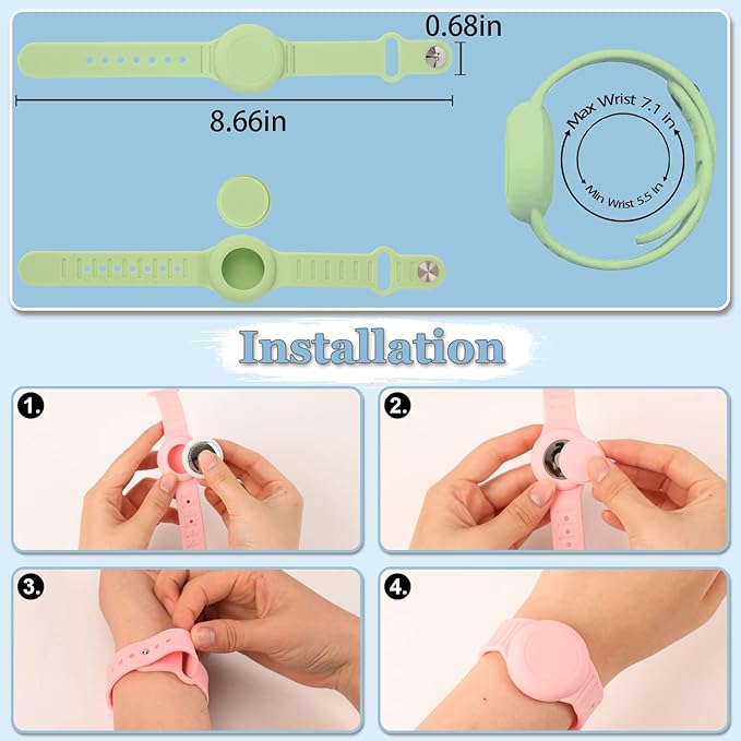 Kids Waterproof Airtag Bracelet Compatible with Apple AirTag, Hidden Silicon Protective Case for Air Tag GPS Tracker Holder, Adjustable Anti-Lost Watch Band for Toddler Child (Green)