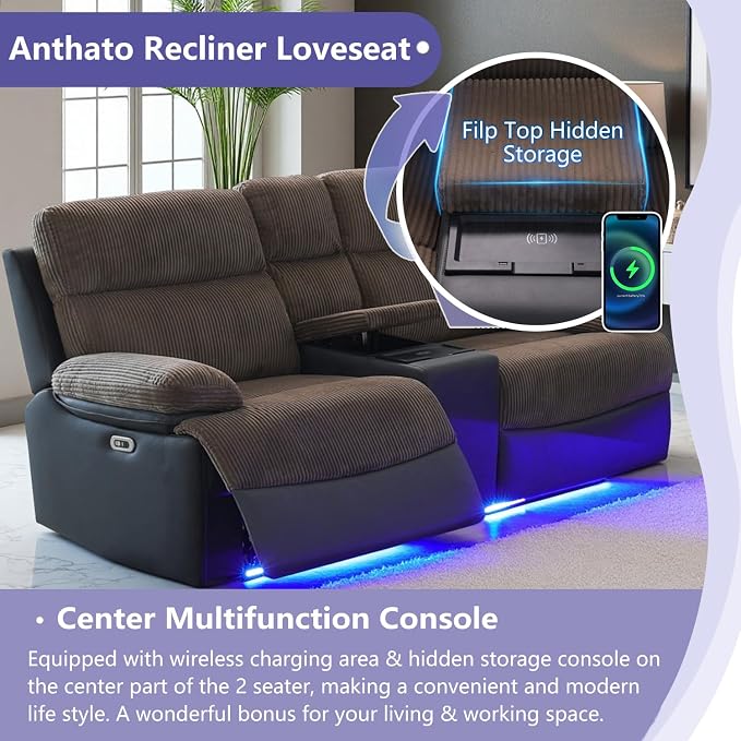 Power Recliner Sofa Set, Corduroy & Leather Fabric Reclining Sofa Couch - Image 5
