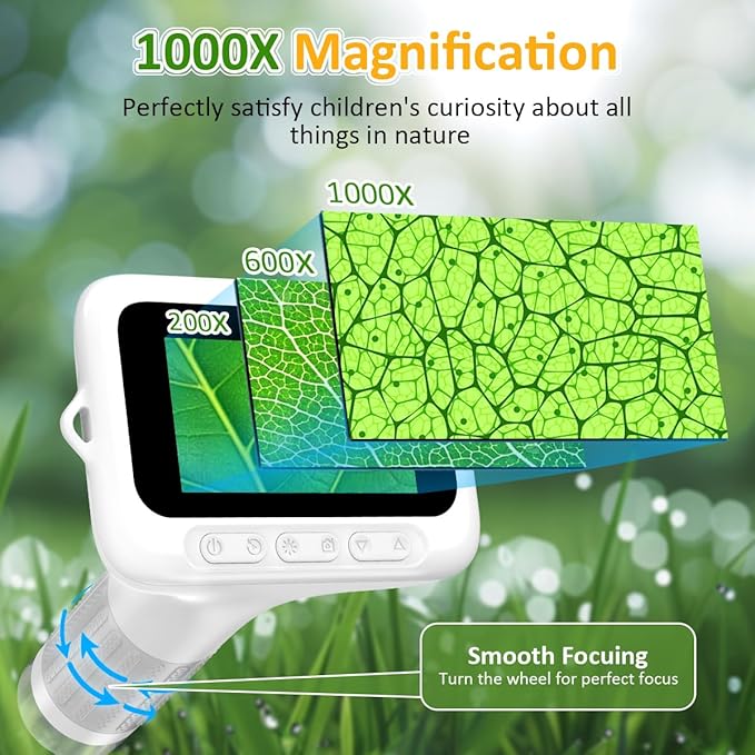 Microscope for Kids, 3'' Digital Handheld Kids Microscope with Adjustable Light, 1000X 1080P Pocket Portable Mini Micro Scope, Stem Toys for Ages 5-7 8-12 Teen Boys and Girls Educational Gifts, White