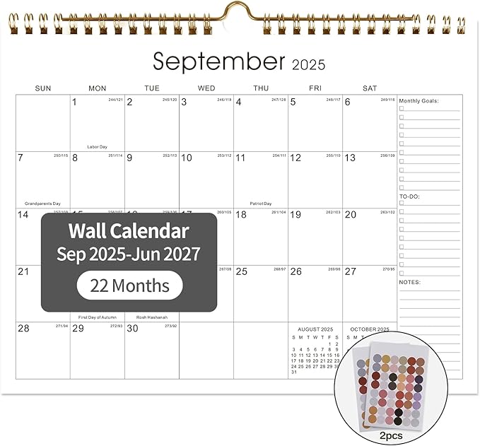 Calendar 2025-2027 22 Monthly Wall Calendar Runs from September 2025 until June 2027 Spiral Binding Hanging 11.5" x 14.7" Thick Paper with Julian Dates and Block for School Office（Simplicity）