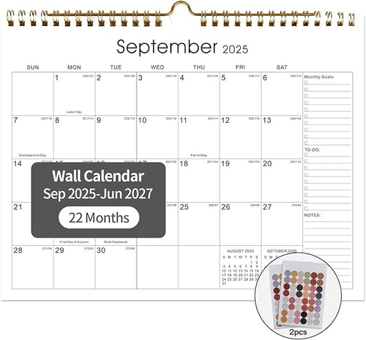 Calendar 2025-2027 22 Monthly Wall Calendar Runs from September 2025 until June 2027 Spiral Binding Hanging 11.5" x 14.7" Thick Paper with Julian Dates and Block for School Office（Simplicity）