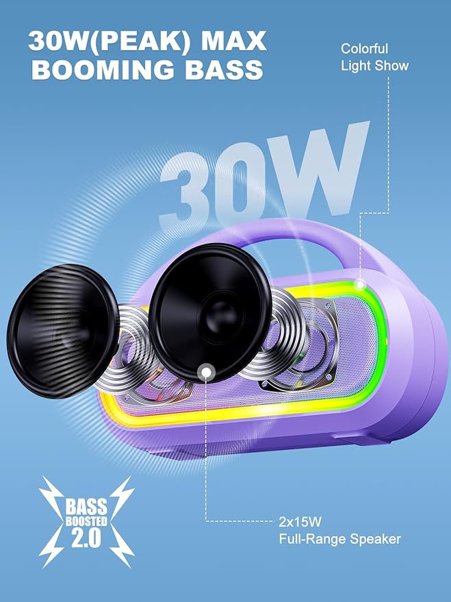 TPone Portable Bluetooth Speaker, 30W (Peak) Wireless Speaker for Outdoor, Up to 12H Playtime, IPX5 Waterproof with Light, TWS Pairing, for Home/Party/Outdoor/Beach, Birthday Gift (Chilled Lilac)