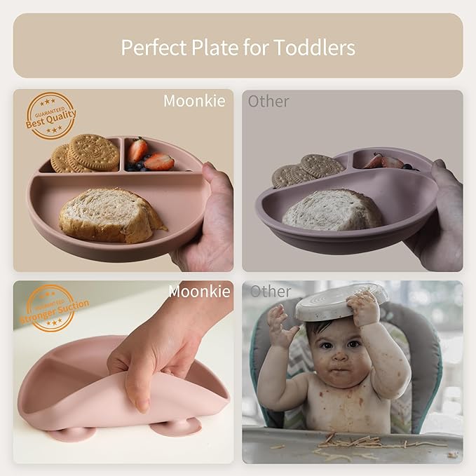 Moonkie Suction Plates for Baby | 100% Silicone BPA-Free Baby Plates with Lids and Food Cover | Divided Design | Microwave and Dishwasher Safe | Toddler Plates 2 Pack