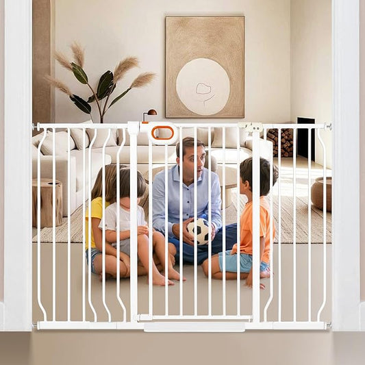 owlie 37.4" Extra Tall Wide Baby Gate for Stairs Doorways,47-57 Inch Extra Large Long Baby Gate with Door Indoor Safety Metal Pressure Mounted Pet Gate with Walk-Thru Auto Close, White