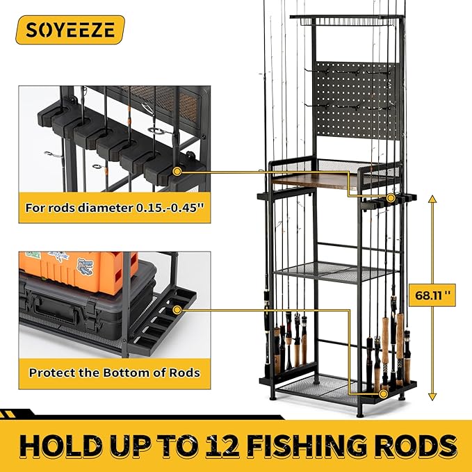 SOYEEZE Fishing Rod Holders for Garage,Fishing Gear Holder for Fishing Rod Tackle Box Storage，Fishing Pole Holders for 12 Rods with Hooks and Pegboard,Fishing Cart with Reel Rack