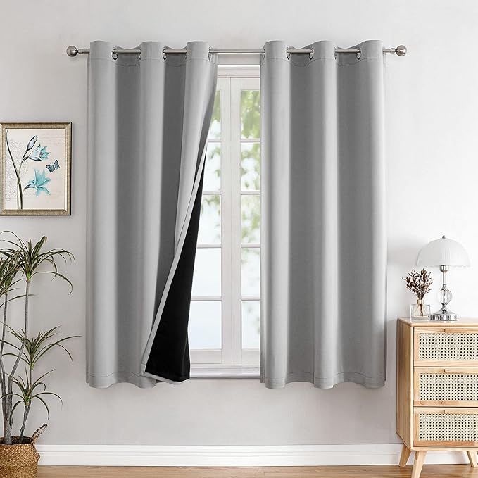 ChrisDowa 100% Blackout Curtains for Bedroom with Black Liner, 2 Thick Layers Total Blackout Thermal Insulated Grommet Small Window Curtains 45 Inch Length 2 Panels Set (Light Grey, 42 x 45 Inch)