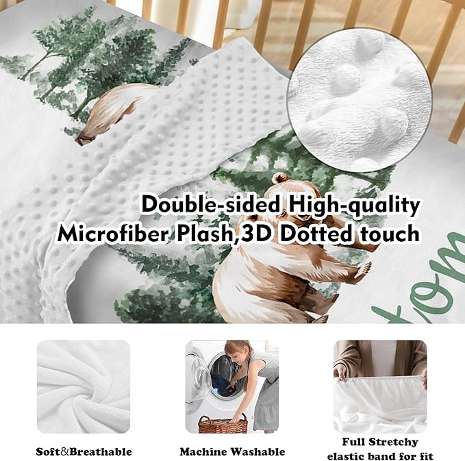 Personalized Baby Crib Bedding Set, 5-Piece Brown Bear Design Baby Crib Sets with Custom Name, Toddler Double Layer Blanket Fitted Sheets Changing Pad Cover Rug Wall Art Set, Charming Nursery Decor