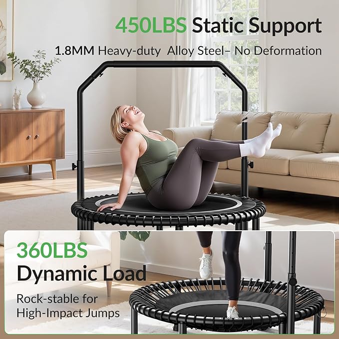 BCAN 40"/48" Mini Rebounder Trampoline for Adults with Bar, 450/550LBS Fitness Trampoline with Bungees, Adjustable Handle, Stable & Quiet, Indoor Outdoor, Whole-Body Workout & Relaxation at Home