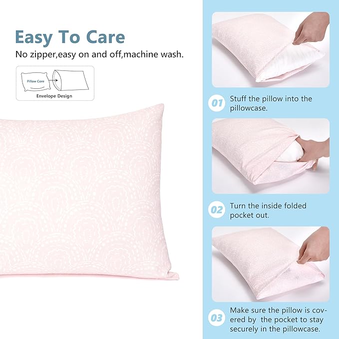 TILLYOU Toddler Pillowcase 2 Pack with Envelope Closure,13" x 18" Silky Soft Microfiber Travel Kids Pillowcase for Boys and Girls, Lucky Pony Peace Dove&Big Pink Flower