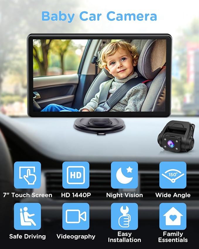 Baby Car Monitor for Backseat, 7" Touchscreen Camera Baby Camera with USB Plug and Play Easy Setup, 150° Wide Angle, Night Vision, Flexible 360 Rotation
