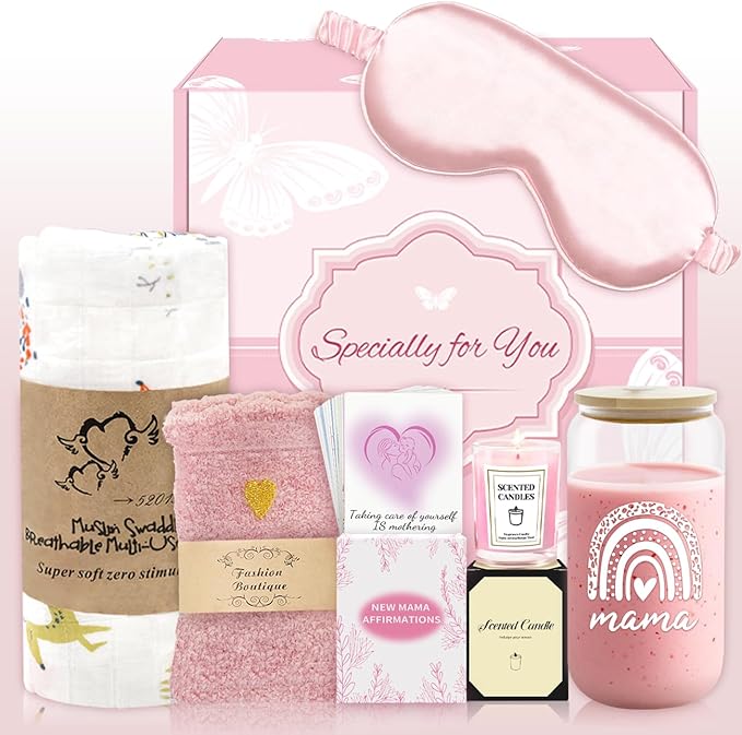 New Mom Gifts, 6 Pcs New Mom Care Package After Baby, Postpartum Gifts for Mama, Pregnancy Gift for Expecting Mother, First Time Mothers Day Gift for New Moms with 16 Oz Glass Cup, Eye Mask