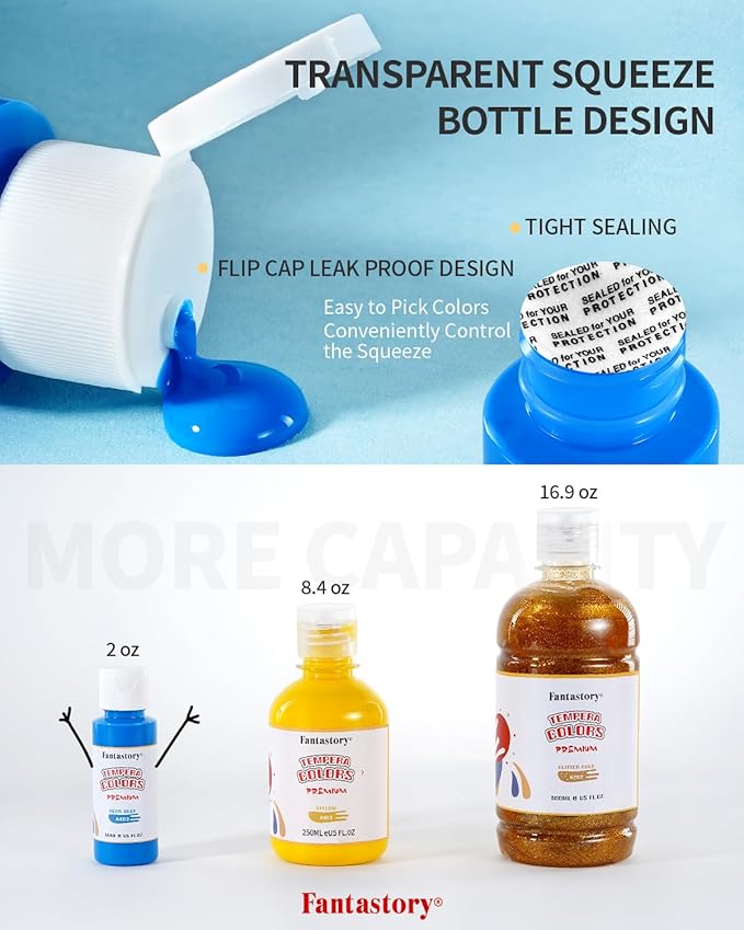 Fantastory Tempera Paint for Kids 24 Colors (2 oz Each) Washable Tempera Paint, Kids Poster Paint Sponge Painting, Non-Toxic Kids Paint Finger Paints Hand Paints Bottles Gifts