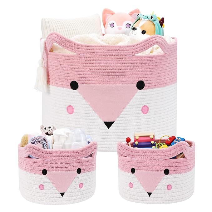 Large Baby Basket Toy Storage 3 Pack, (20"x13.8") Woven Baby Laundry Basket, Stuffed Animal Storage.
