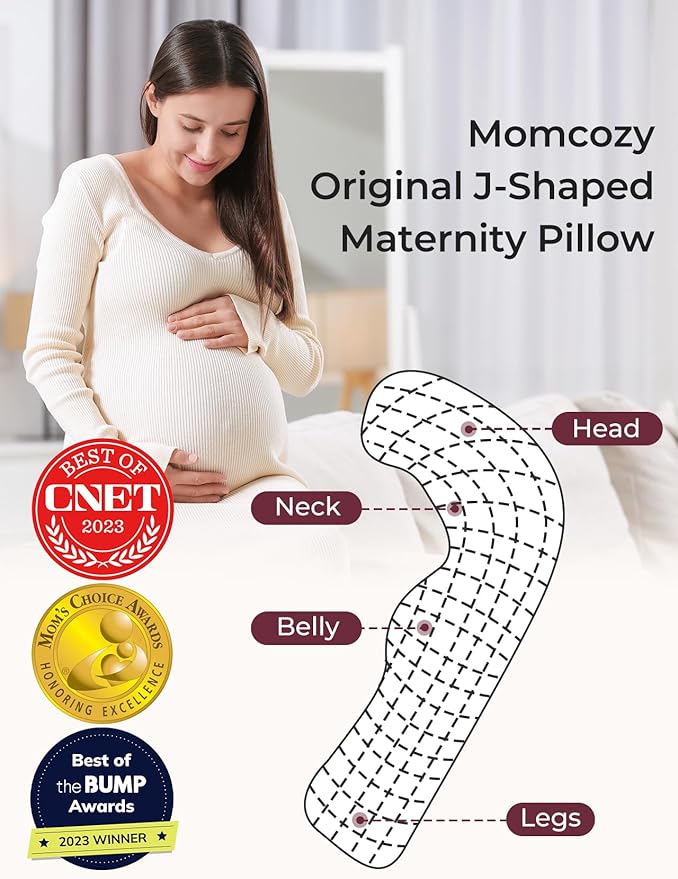 Momcozy J-Shaped Pregnancy Pillow for Sleeping with Cooling Cover – Maternity Body Pillow for Pregnant Women, Side Sleeper Support for Belly, Hip & Leg, Deep Grey