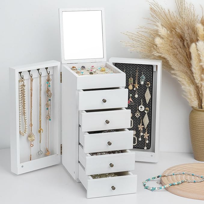 Meangood White Jewelry Box Wood for Women, 6-Layer Large Organizer Box with Mirror & 5 Drawers for Rings, Earrings, Necklaces, White