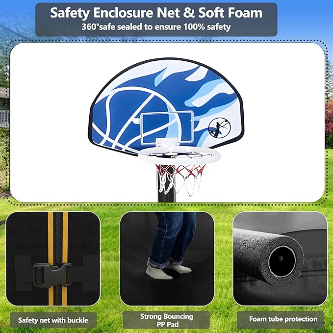 Upgraded 16FT 15FT 14FT 12FT 10FT 8FT Trampoline Outdoor with Basketball Hoop and Net, Capacity for 4-6 Kids and Adults