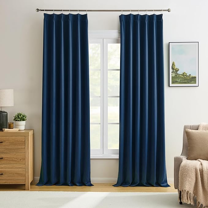 KEQIAOSUOCAI Pinch Pleated Curtains 120 Inches Long 10 FT Tall 2 Panels Set, Thermal Insulated Blackout Room Darkening Curtains for Bedroom,Window Draperies with Hooks(Navy Blue,40x120-inch)