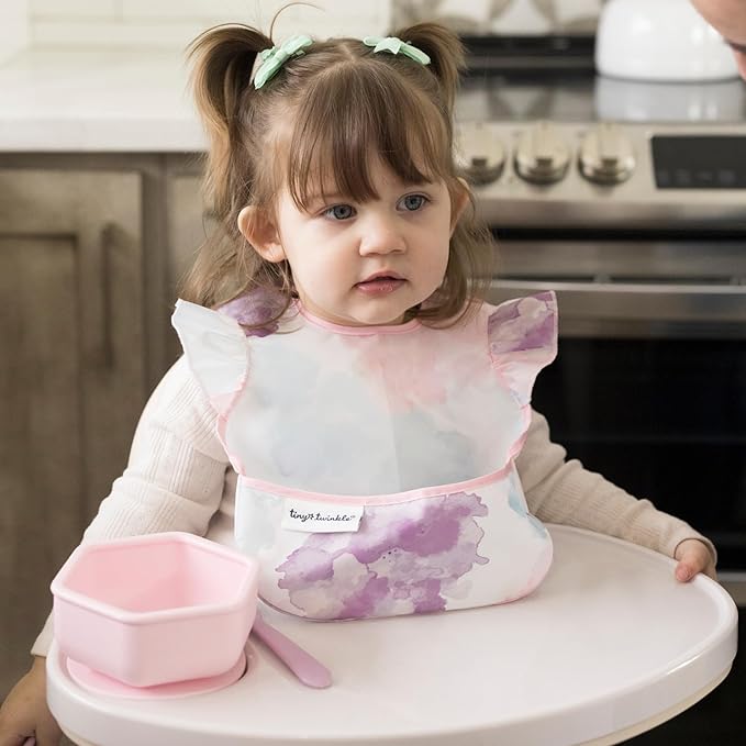 Tiny Twinkle Mess Proof Baby Bib - Waterproof & Lightweight Baby-Led Weaning Apron | 100% Recycled Polyester, Easy Clean & Machine Washable (Cotton Candy, Small 6-24 Months)