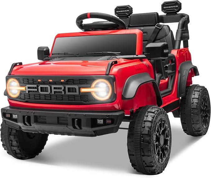ENYOPRO 12V Kids Ride On Car with Remote Mode, Licensed Ford Bronco Raptor Electric Car for Toddlers, Battery Powered Ride On Toy Truck w/2 Speed, Working Headlights, Music Player, Radio (Red)