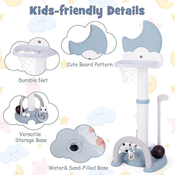 Costzon Kids Basketball Hoop with Electronic Scoreboard Cheer Sound, 4 in 1 Height Adjustable Toddler Basketball Hoop with Soccer, Golf, Ring Toss Game for Indoor Outdoor, Gift(Light Blue Moon)