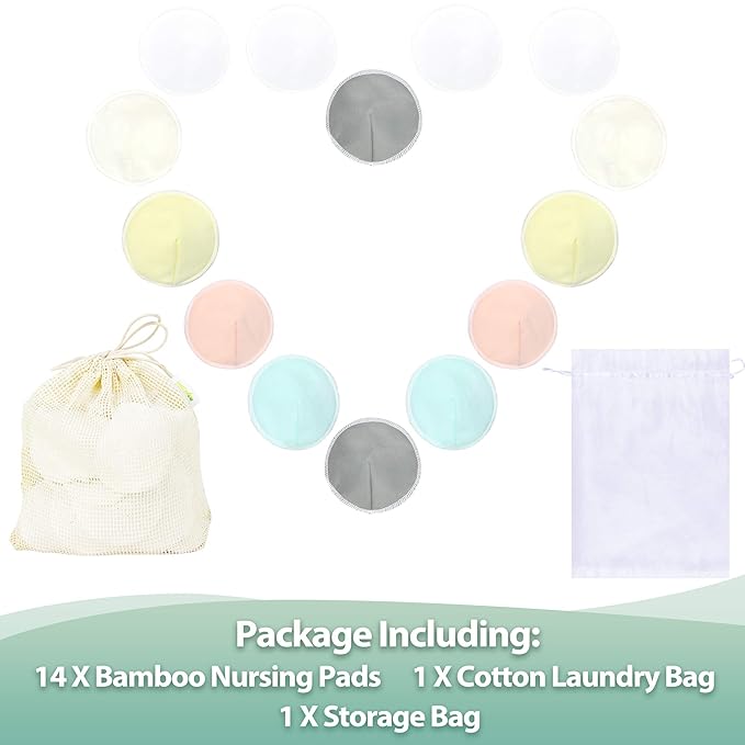 wegreeco Nursing Breast Pads (14 Pack) + Laundry Bag & Travel Storage Bag, 4.7 inch Option - Washable & Reusable Breastfeeding Nursing Pads (Peaceful, Large, Contoured Shape)