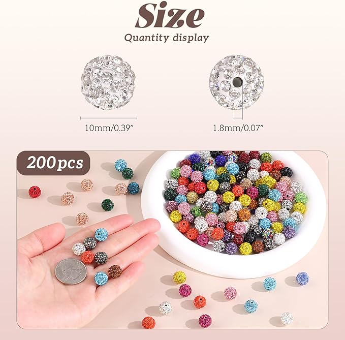200pcs 10mm Rhinestone Beads for Jewelry Making, Crystal AB Shiny Round Disco Ball Beads Bulk, Sparkle Crystal Clay Christmas for Bracelet Baseball Necklace Earring Crafting and DIY