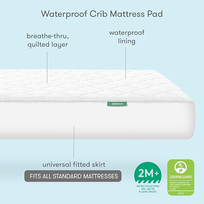 Newton Baby Waterproof Crib Mattress Pad | Ultra-Breathable Quilted Layer for Comfort & Universal Fitted Skirt for Secure Fit | Machine Washable | Crib Mattress Protector Pad Waterproof, 1 Pack