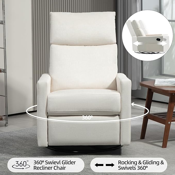 Swivel Rocker Recliner Chairs Set of 2, Upholstered Fabric Nursery Rocking Glider Chair with Adjustable Backrest and Footrest, Lay Flat Recliner Single Lazy Sofa for Living Room(Beige)