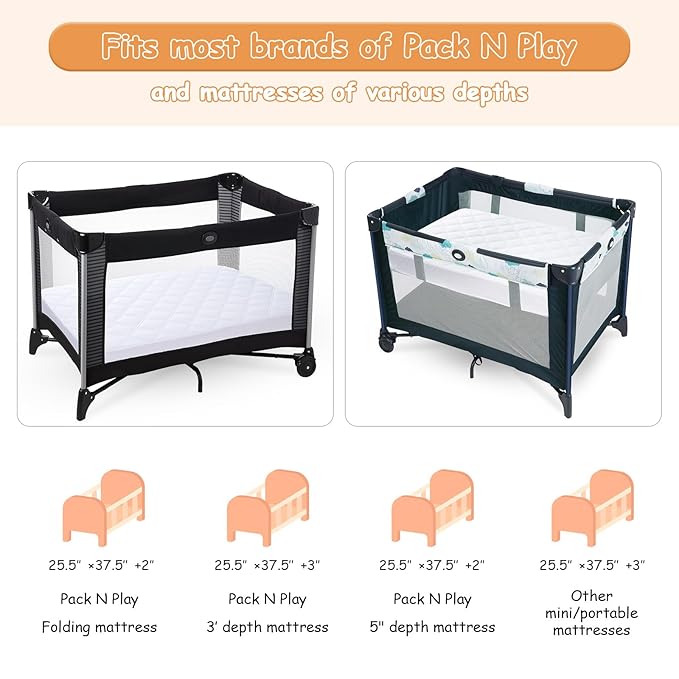 Yoofoss Waterproof Pack and Play Mattress Protector 2 Pack, Quilted Pack and Play Mattress Pad Cover Ultra Soft and Breathable, Playpen/Playard Mattress Sheet for Standard Pack n Play Size 39''x27''