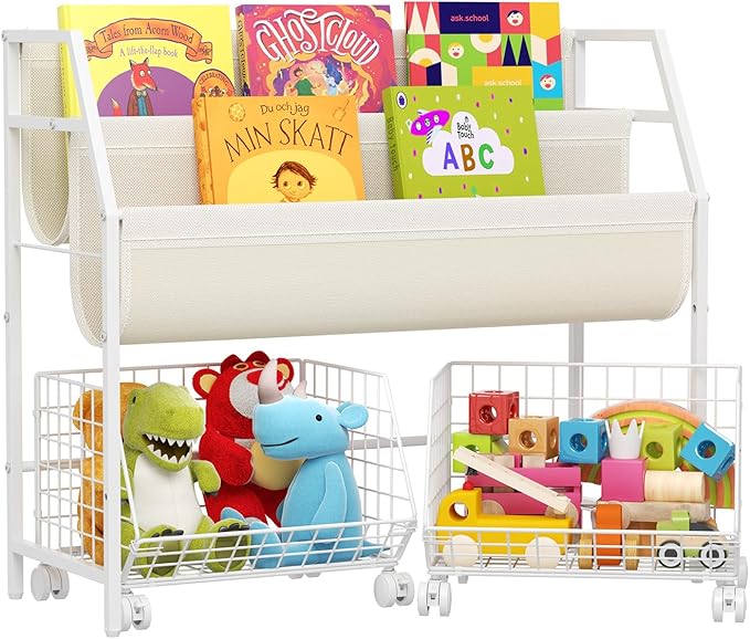 Kids Bookshelf and Toy Storage with 2 Rolling Baskets – Toddler Bookshelf, Montessori Children's Booksheves for Nursery, Small Book Shelf for Kids Rooms, Playroom Organization and Storage