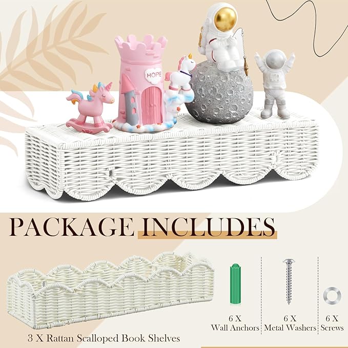 Pinkunn 3 Set Nursery Book Shelves Scalloped Rattan Wall Shelf 15.8 x 3.2 Inch Wall Mounted Plastic Floating Book Shelve, Hanging Boho Wicker Woven Shelf for Nursery Decor and Storage (Classic White)
