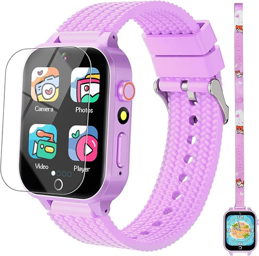 Smart Watch for Kids Girl Gift Ages 3-12, 2 Screen Protector, 26 Puzzle Games, HD Camera Video Music Player Touchscreen Pedometer, Educationtal Toy Brithday Gifts for Girl Ages 4 5 6 7 8 9 10(Purple)