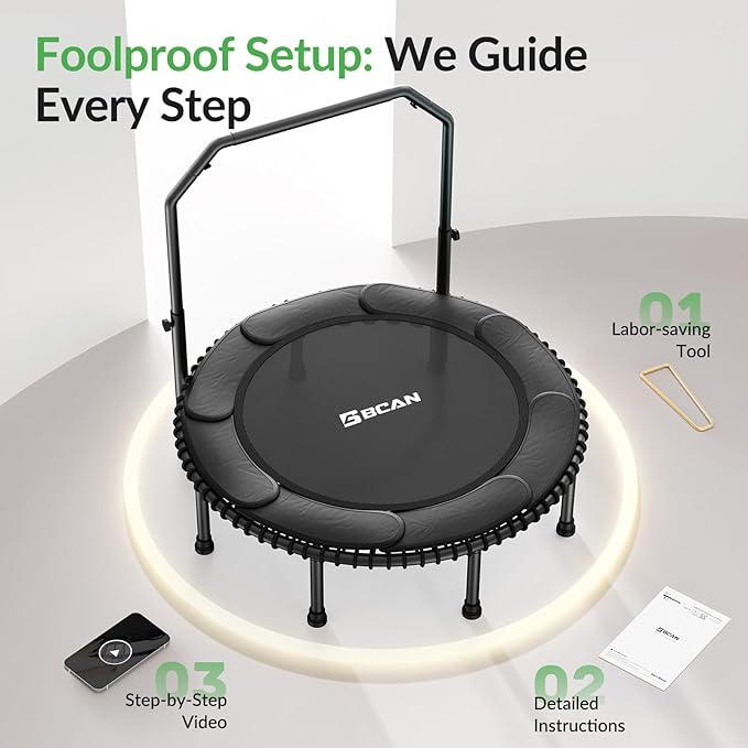 BCAN 40"/48" Mini Rebounder Trampoline for Adults with Bar, 450/550LBS Fitness Trampoline with Bungees, Adjustable Handle, Stable & Quiet, Indoor Outdoor, Whole-Body Workout & Relaxation at Home