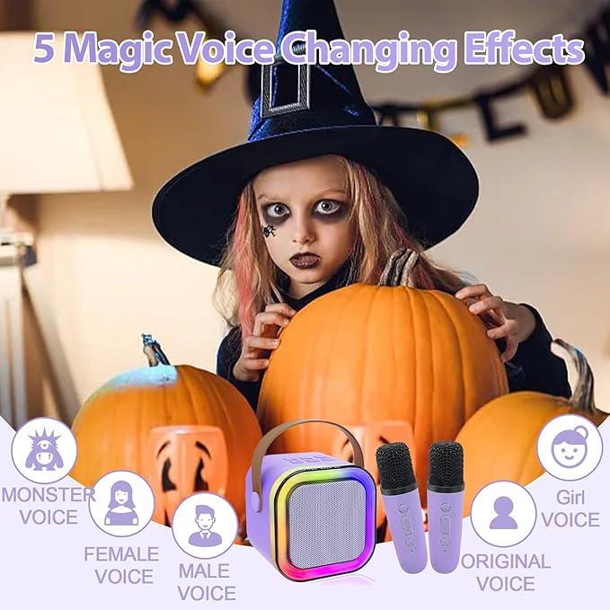 Mini Karaoke Machine for Kids, Birthday Easter Gifts Toys for Girls Boys Ages 3-12+, Portable Bluetooth Speaker with Upgraded 2 Wireless Microphones, Toddler Toys for Singing Home Party Family, Purple