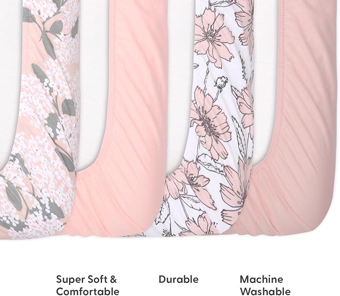 The Peanutshell 4-Pack Fitted Organic Crib Sheet Set - Soft & Breathable Baby Girl or Boy Crib Sheets, 100% Jersey Cotton Nursery Decor, Fit for Standard Mattress Cover- Cottage Floral